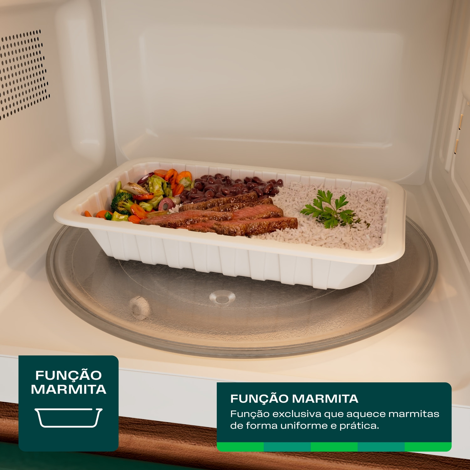 A Função Marmita é exclusividade Consul e foi feita para quem vive na correria. Aquece a comida de forma uniforme e deixa tudo fresquinho na hora de servir, dando ainda mais praticidade ao seu estoque de marmitas congeladas.