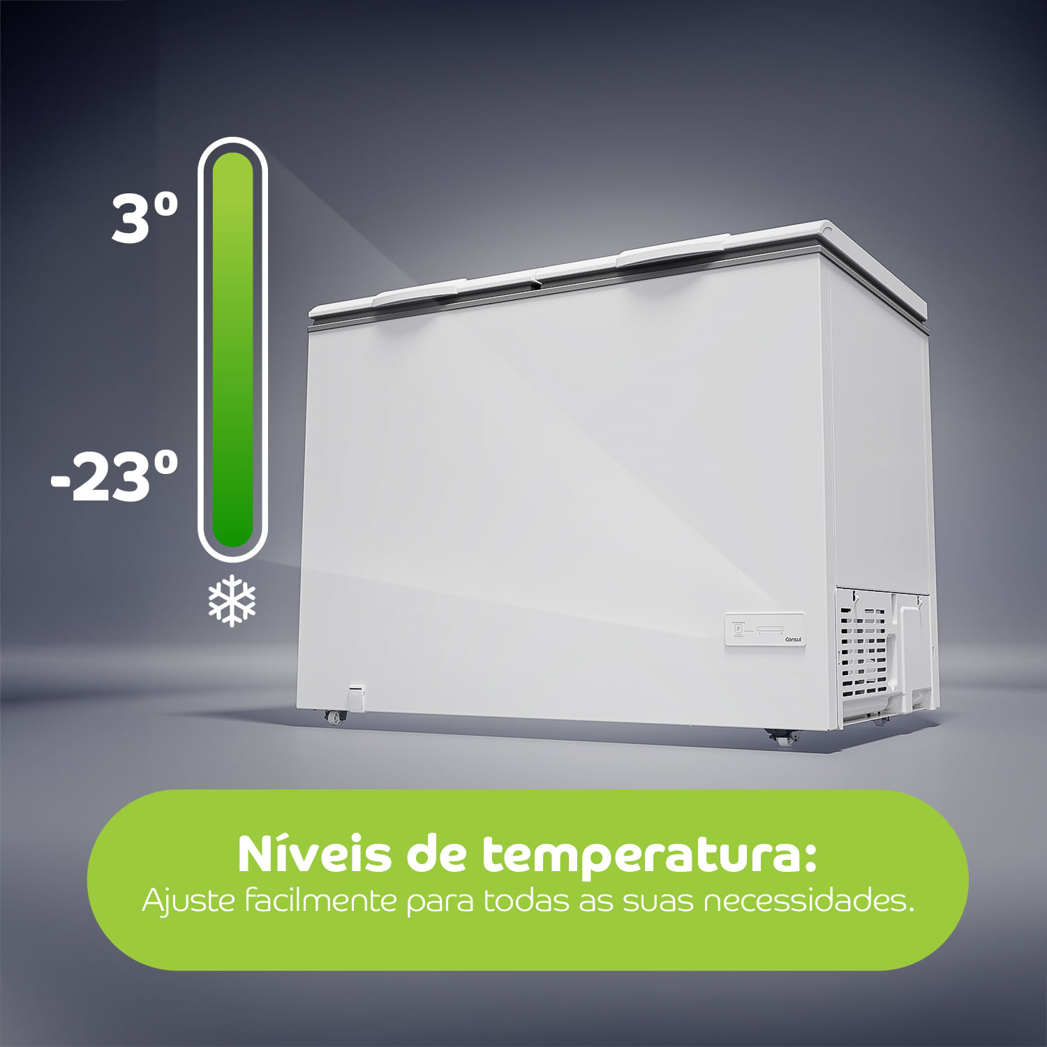 É dois em um: você escolhe entre freezer ou geladeira. Com 5 níveis de temperatura, de 3ºC a -23ºC², você pode ajustar facilmente para todas as suas necessidades com o toque de um botão.