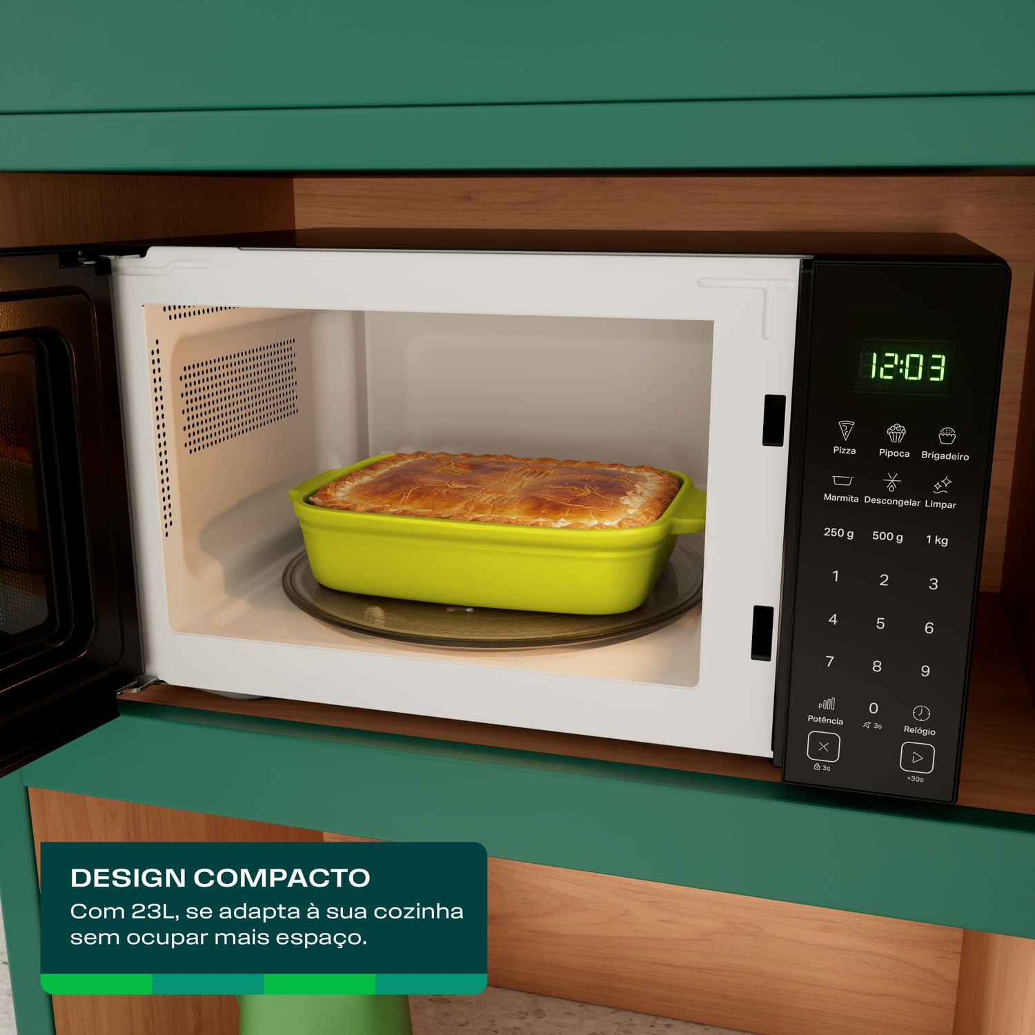 Com 23 litros, agora você pode mais! Cabe na bancada, no móvel ou no espaço que você tiver. Um micro-ondas que se adapta a sua cozinha sem ocupar mais do que precisa.