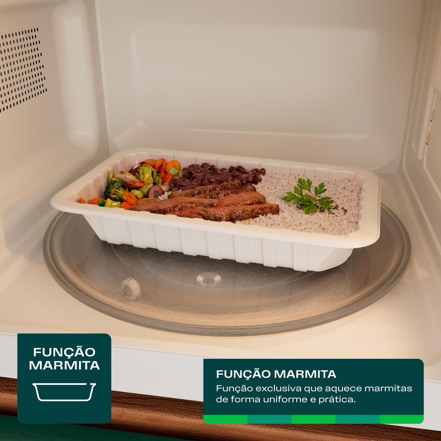 A Função Marmita é exclusividade Consul e foi feita para quem vive na correria. Aquece a comida de forma uniforme e deixa tudo fresquinho na hora de servir, dando ainda mais praticidade ao seu estoque de marmitas congeladas.