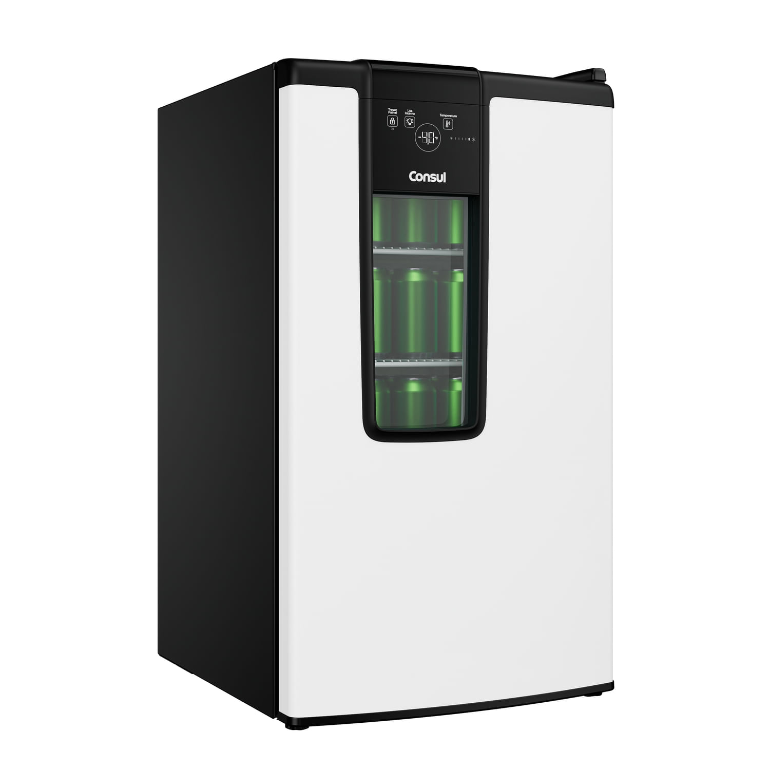 O design com detalhe em vidro une praticidade e estilo: Nem precisa abrir a porta para conferir quantas cervejas ainda tem!