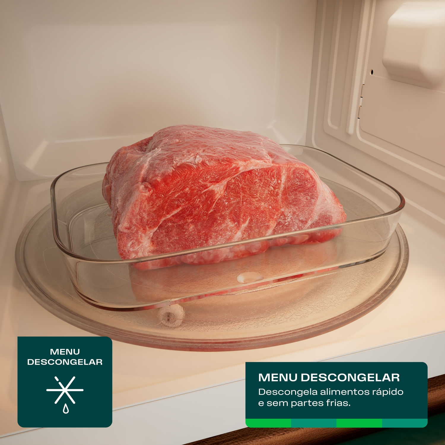 A salvação pra quando esquecer de tirar o alimento do freezer. Seja carne, frango, peixe ou feijão, em poucos minutos, você descongela tudo sem partes frias e no ponto certo. Se o planejamento falhou, seu micro-ondas resolve rapidinho.