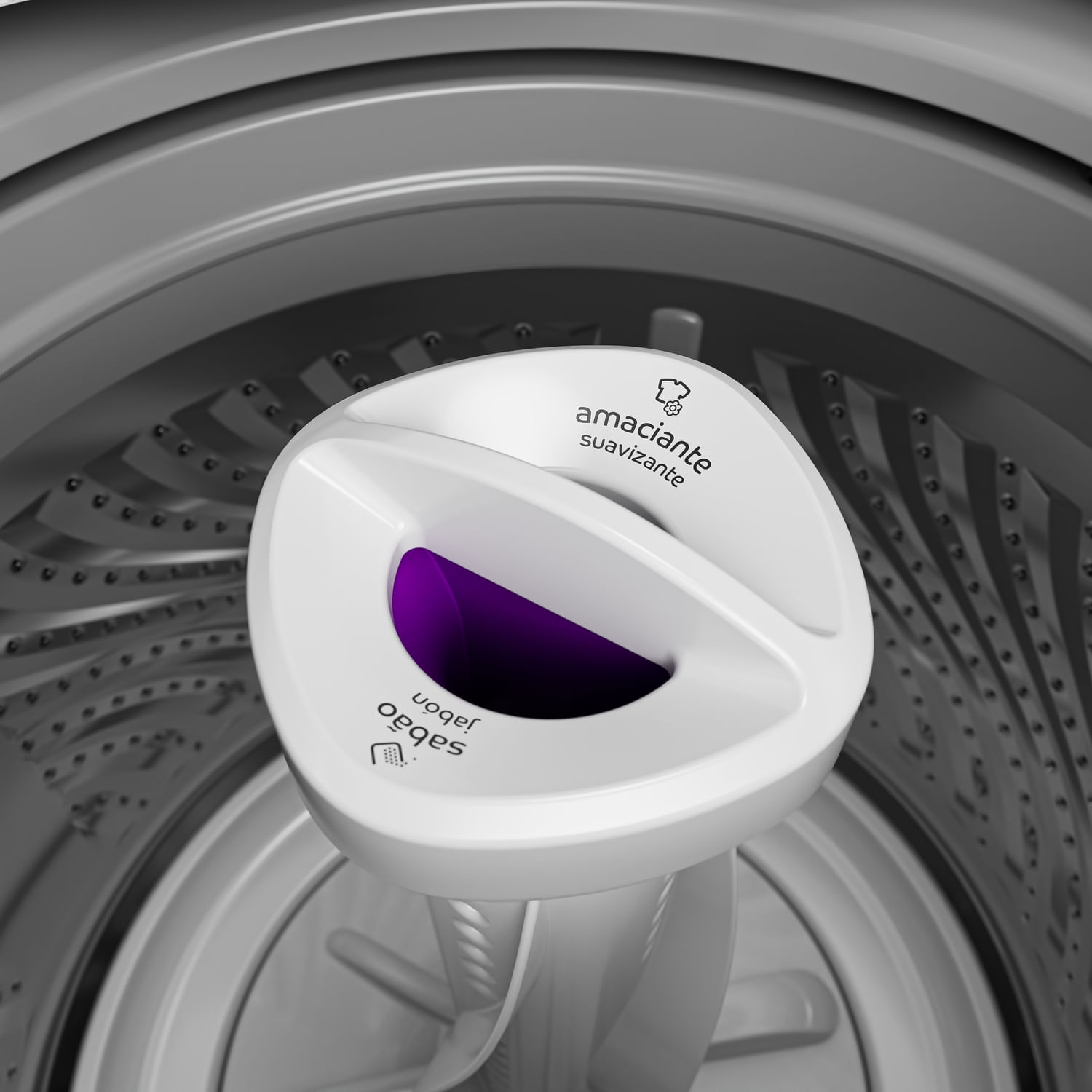 O exclusivo dispenser central é fácil de limpar e distribui o sabão e o amaciante por igual, evitando manchas.
