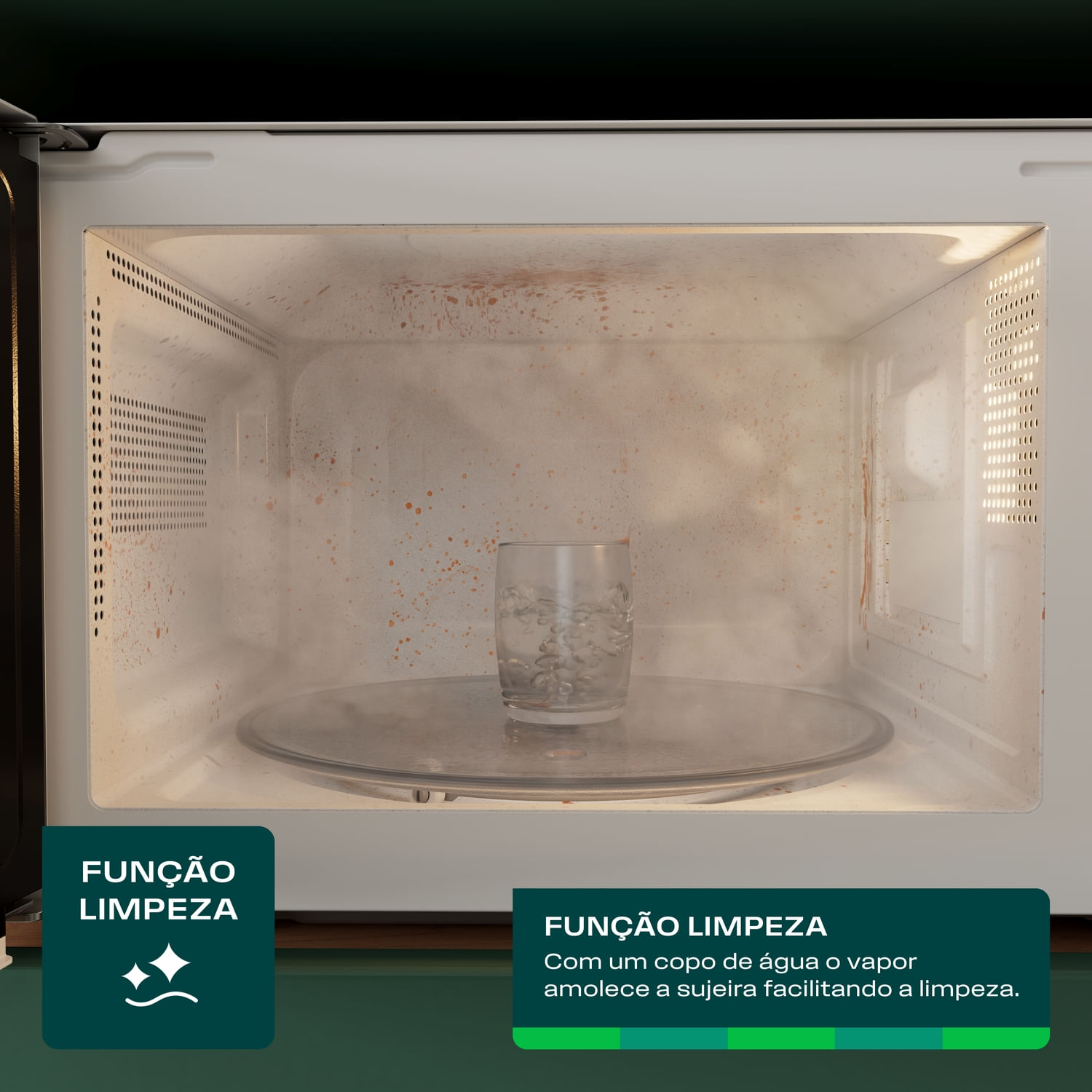 Parece até mágica. Com um copo d’água e um toque, o vapor amolece a sujeira por dentro do micro-ondas. Depois é só passar um pano, e ele está pronto para o próximo uso.