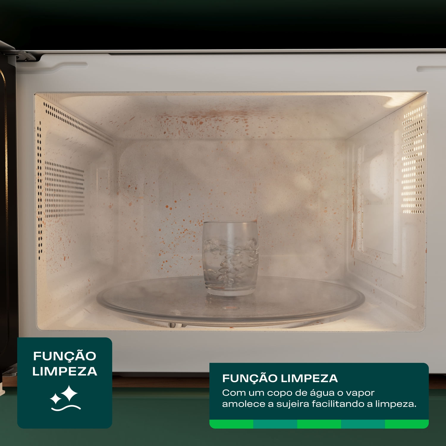 Parece até mágica. Com um copo d’água e um toque, o vapor amolece a sujeira por dentro do micro-ondas. Depois é só passar um pano, e ele está pronto para o próximo uso.