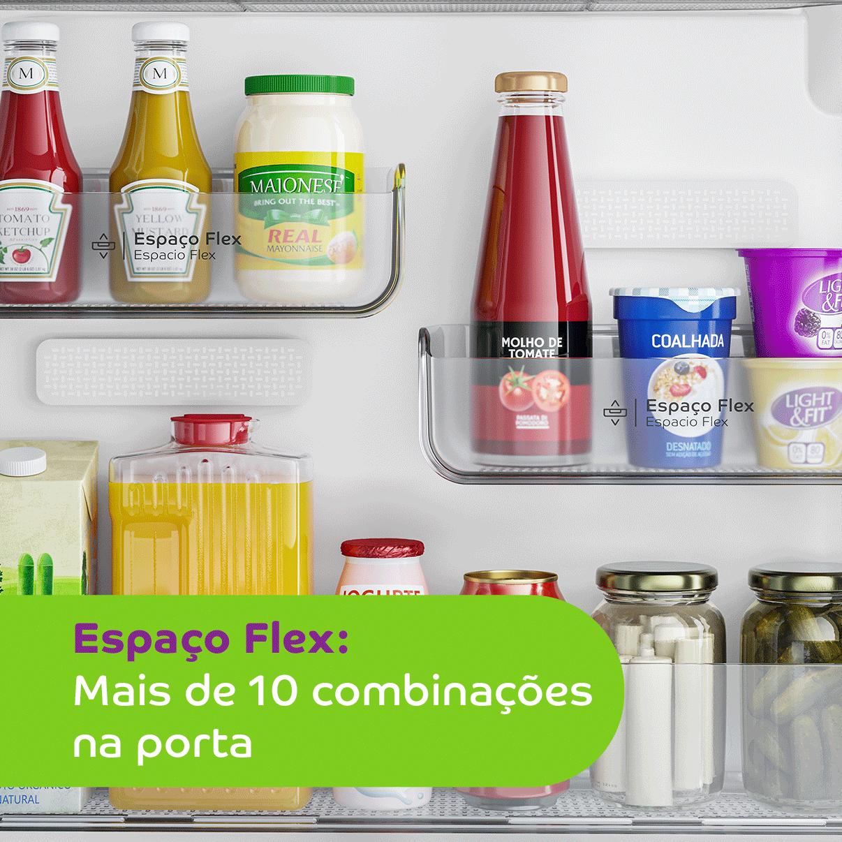 Já pensou em adaptar a porta da geladeira às suas necessidades? Agora dá! Com os compartimentos ajustáveis são mais de 10 combinações para você organizar alimentos e bebidas do seu jeito.