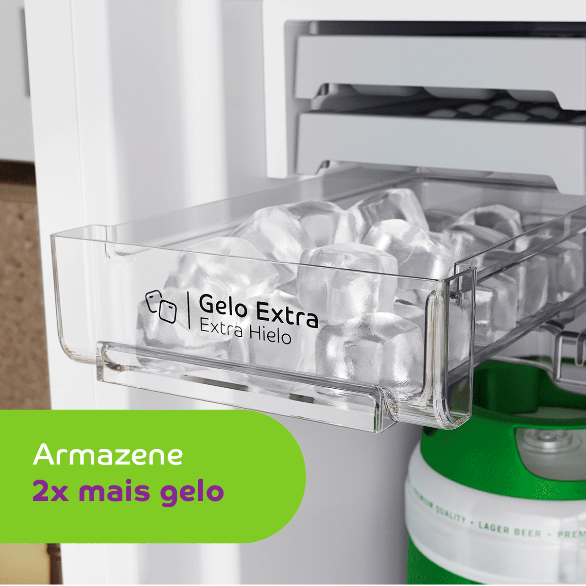 Armazene 2x mais gelo! No compartimento específico dá pra armazenar cubos prontos enquanto você prepara mais gelo nas duas forminhas.