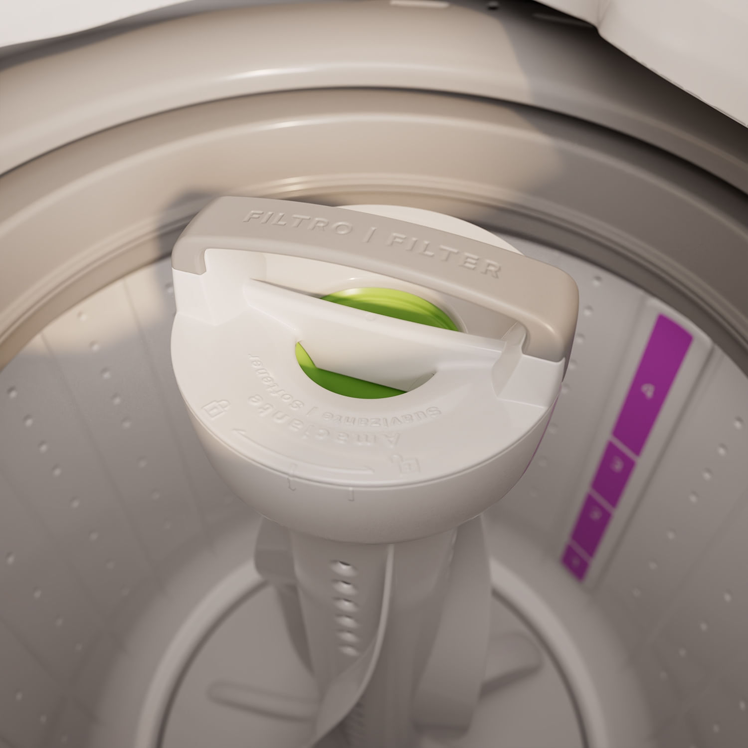 O exclusivo dispenser central é fácil de limpar e distribui o sabão e o amaciante por igual, evitando manchas.