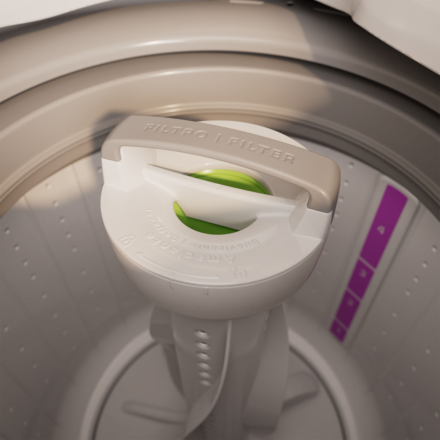 O exclusivo dispenser central é fácil de limpar e distribui o sabão e o amaciante por igual, evitando manchas.