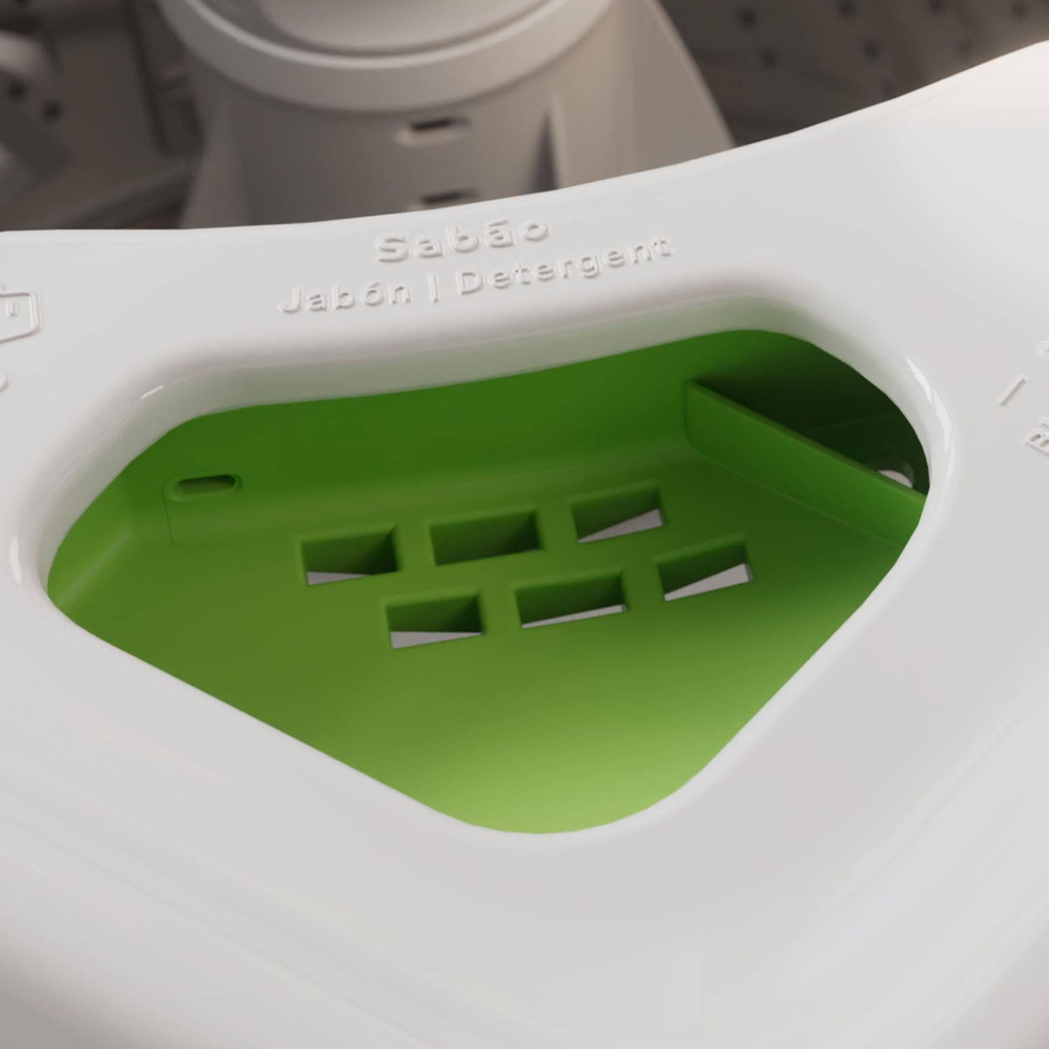 Este dispenser é um sucesso: seu fácil acesso e tamanho facilita a tarefa de colocar o sabão e o amaciante e, na hora de limpar, também é zero complicação.
