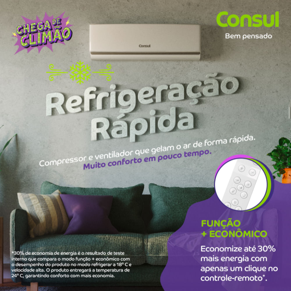 Compressor e ventilador que gelam o ar de forma rápida. Muito conforto em pouco tempo.