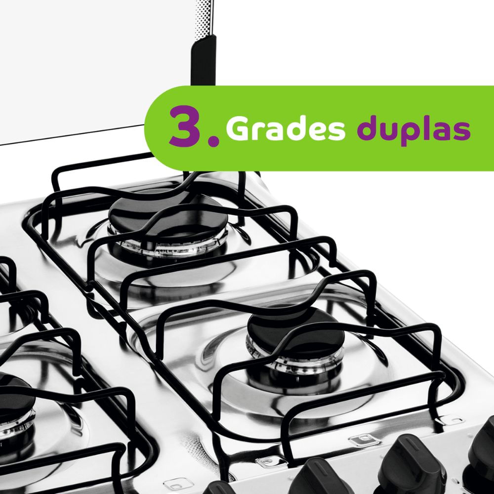 Grades duplas esmaltadas de fácil remoção, com design desenvolvido para fornecer grande estabilidade e sem cantos retos para facilitar a limpeza.