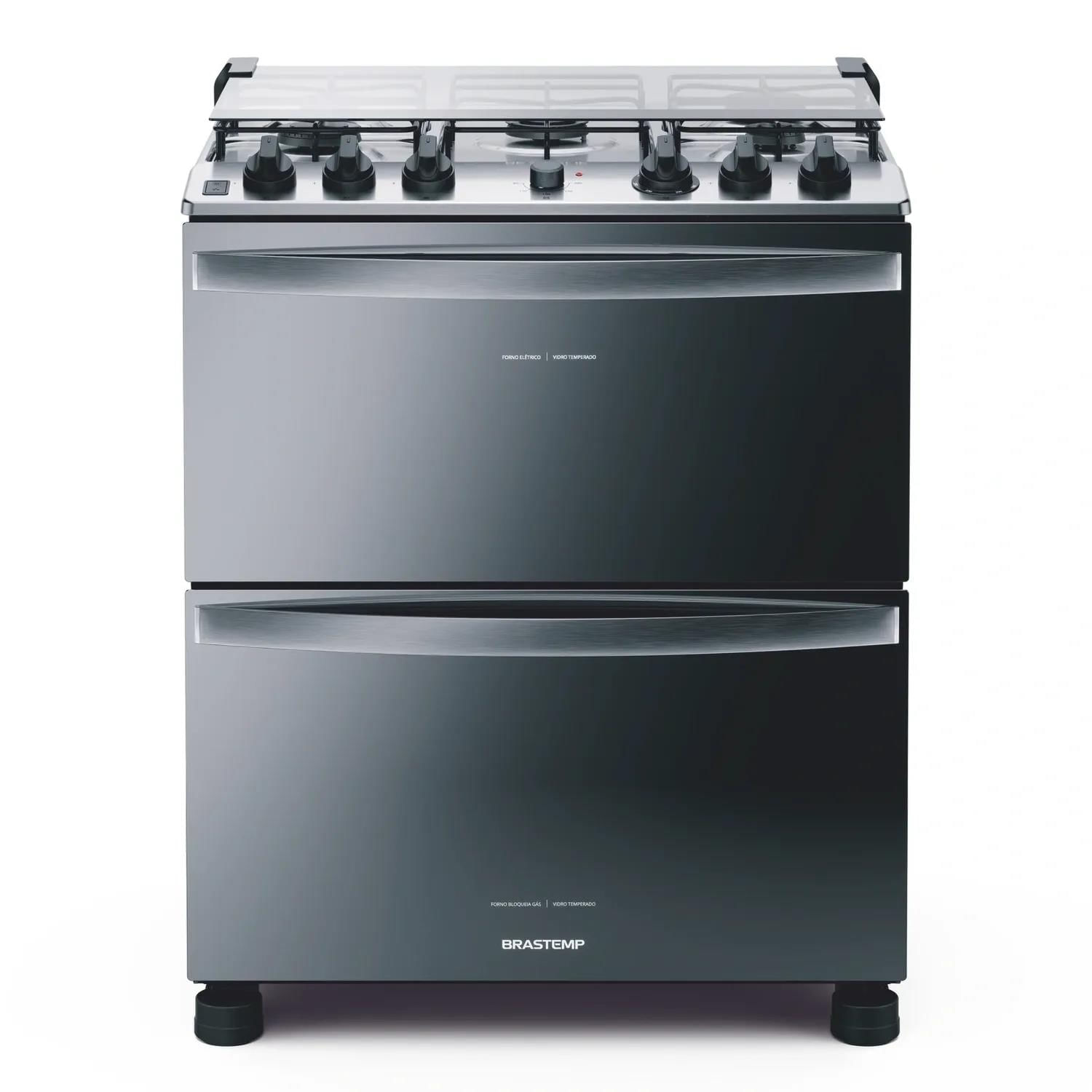 Fogão Brastemp 5 Bocas Duplo Forno Cor Inox Com Botões Removíveis E Exclusivo Aro Protetor - Bfd5ncr 110V