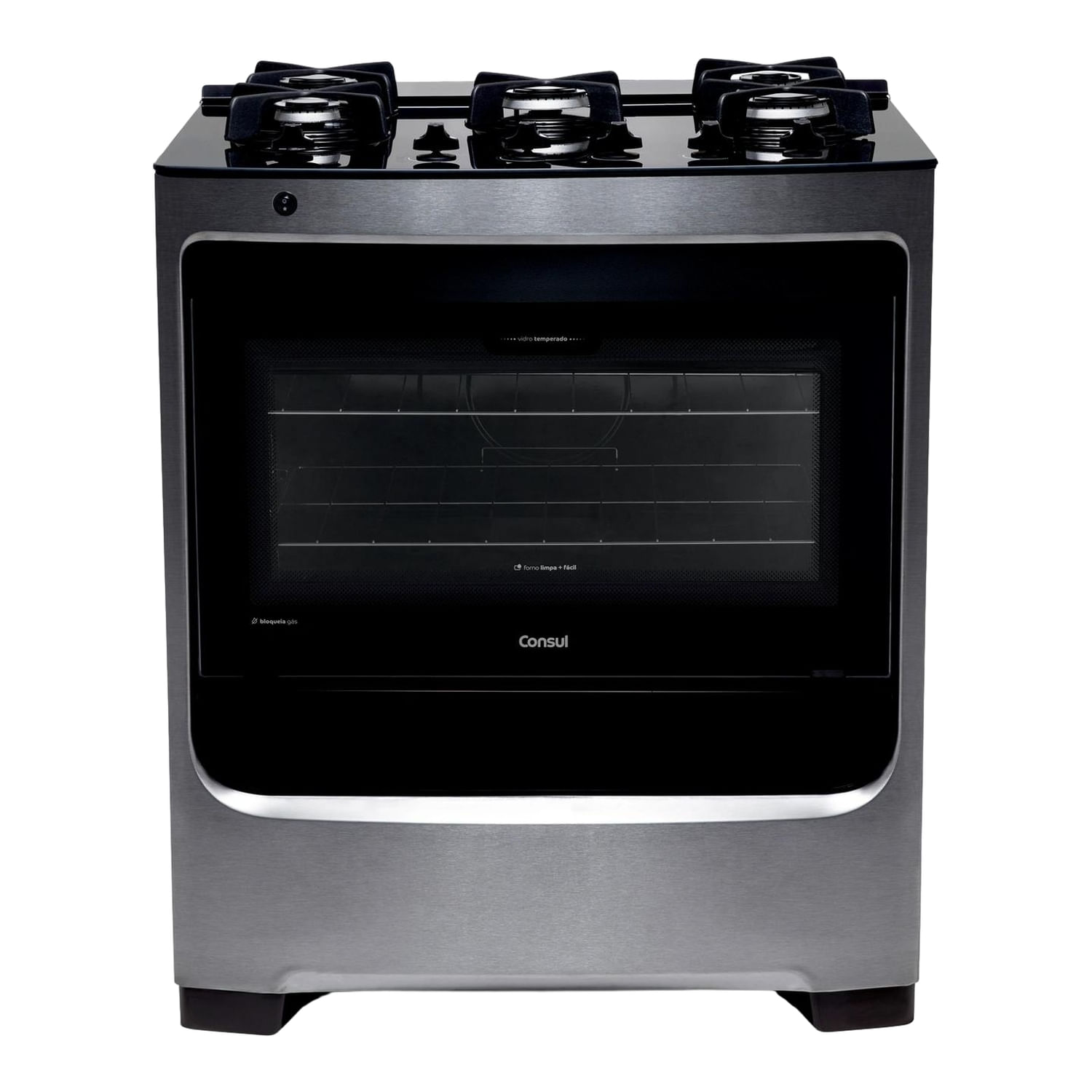 Fogão Consul 5 Bocas Cor Inox Com Mesa De Vidro E Grade De Ferro Fundido - Cfs5var Bivolt